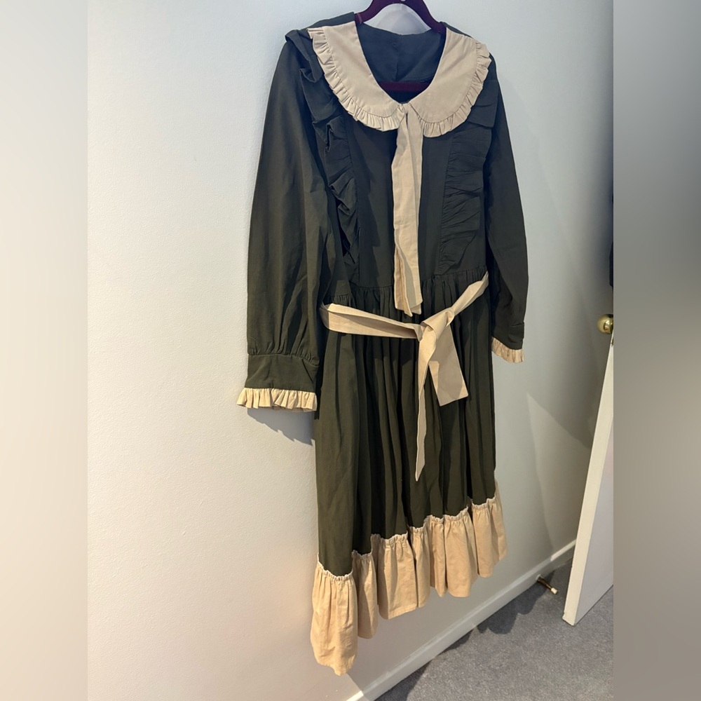 Handmade Green Dress with Cream Accents